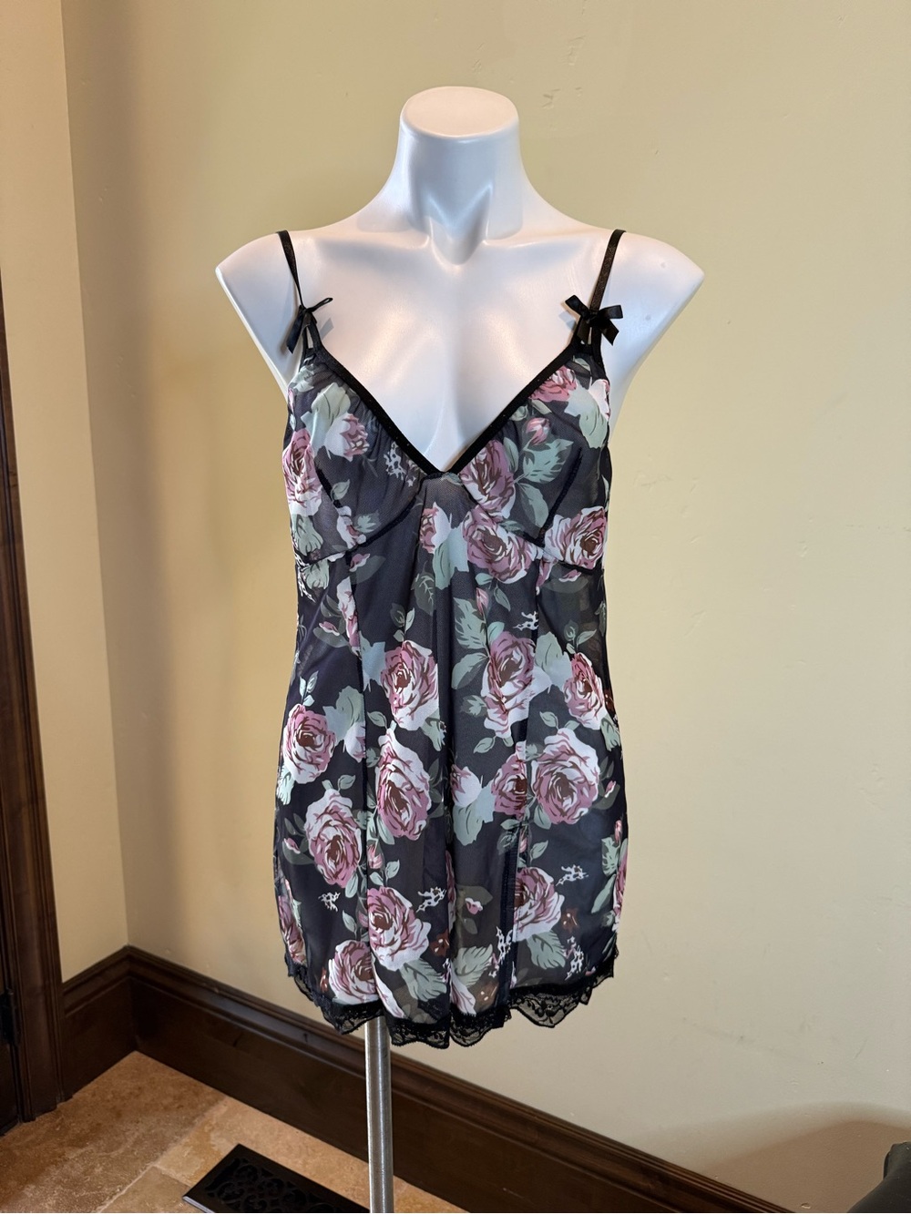 Floral Lace-Trim Chemise Nightdress - Black with Rose Print